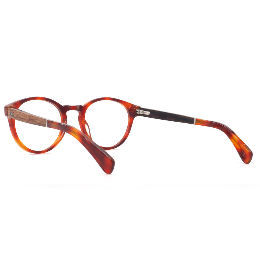 Rear view of red rimmed glasses made from sustainable acetate