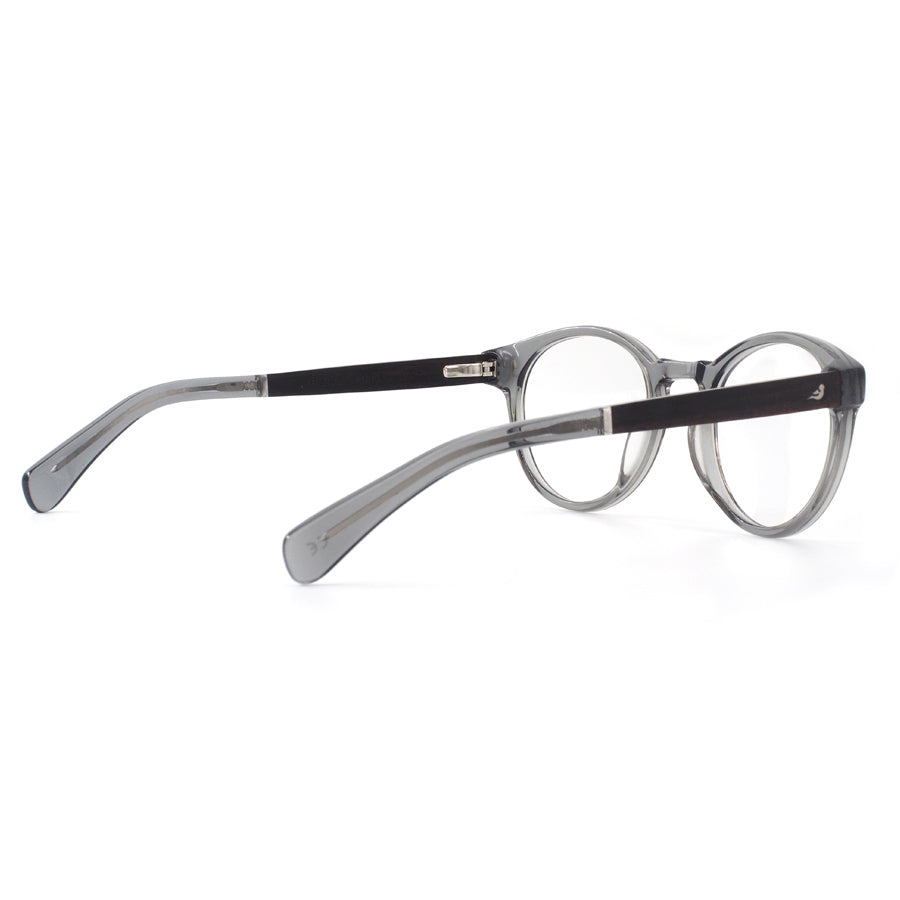 Rear view of clear grey frame glasses