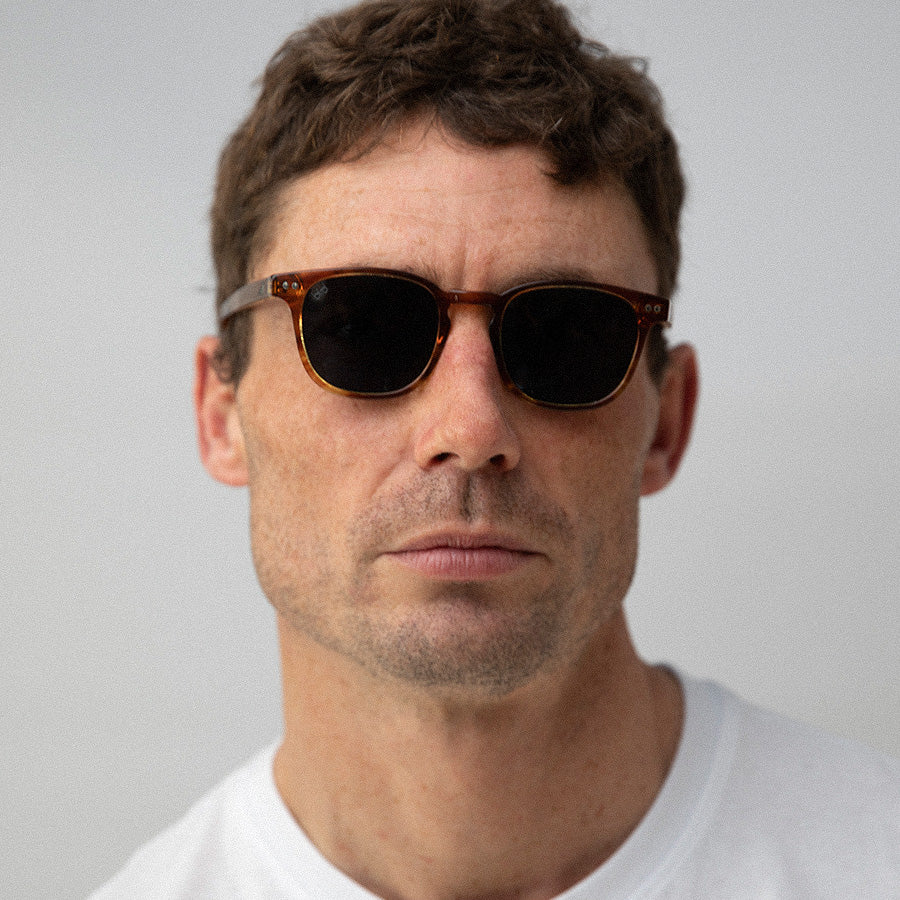 Man wearing small red frame sunglasses