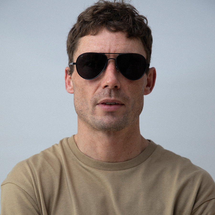 Man wearing aviator sunglasses with polarised lenses