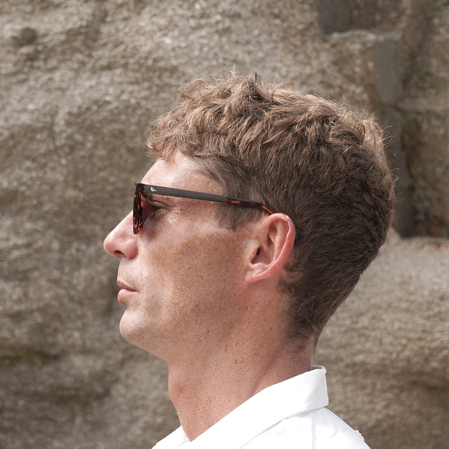 man facing right wearing classic tortoiseshell sunglasses