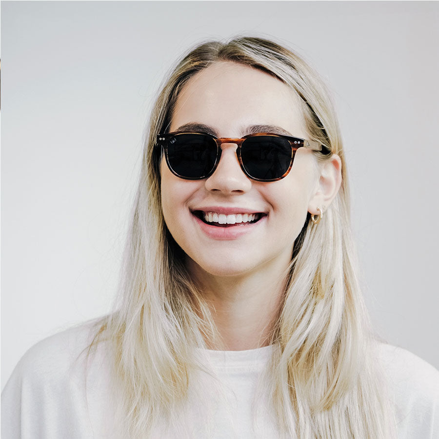 blonde girl wearing classic tortoiseshell sunglasses