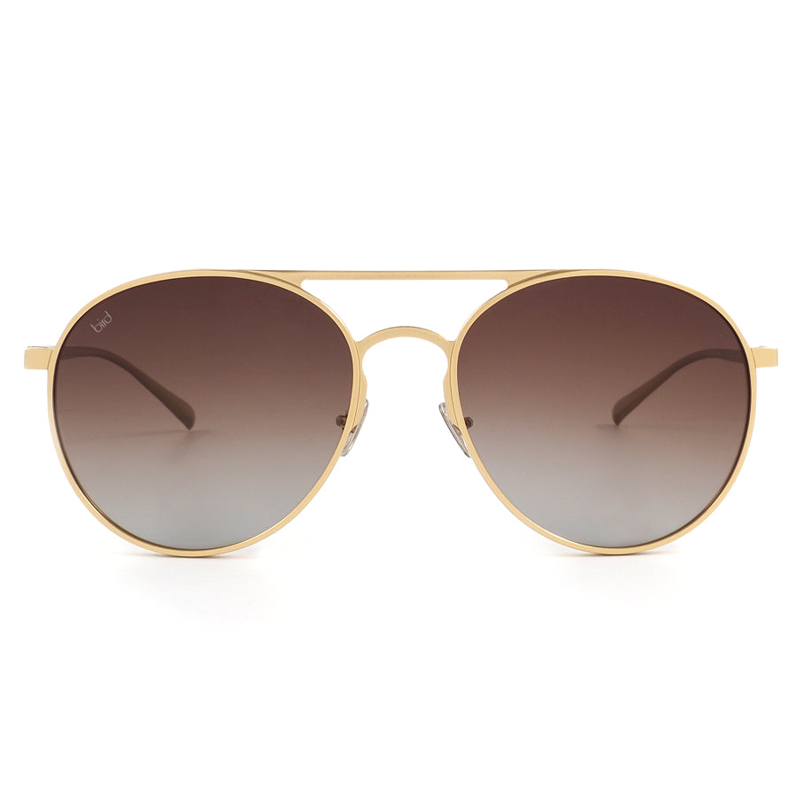 Front view of gold large aviator sunglasses with polarised lenses