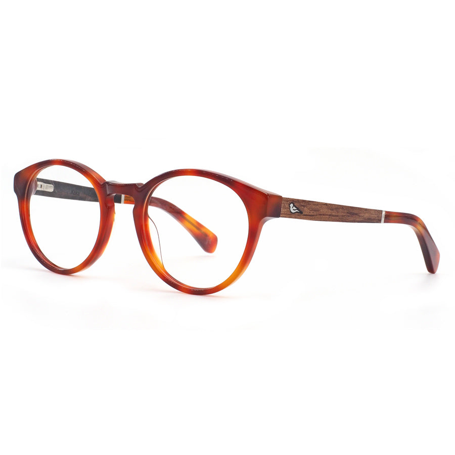 corner view of red rimmed glasses made from sustainable acetate