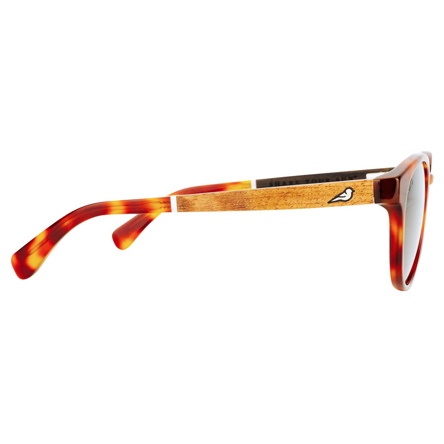 Detailed side view of red rimmed glasses made from sustainable acetate