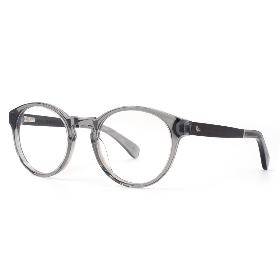 side view of clear grey frame glasses